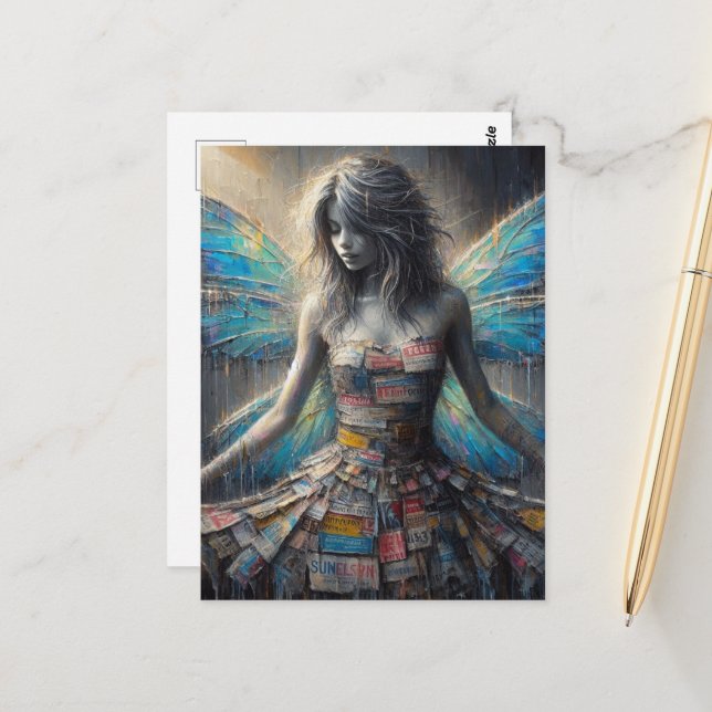 Carte Postale Fée dans une robe Recyclée (Devant/Arrière en situation)