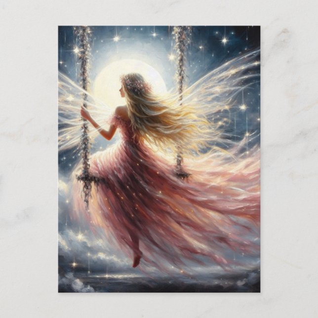 Carte Postale Fée dans une robe rose sur un Imaginaire à aile (Devant)
