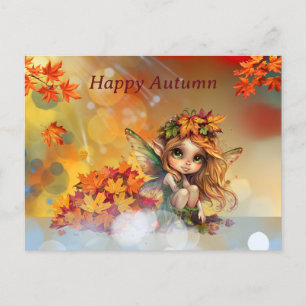 Carte Postale Fée d'automne mignonne avec Feuilles tombés