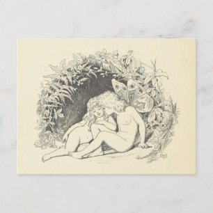 Carte Postale Fée de forêt en amour Dessin Vintage