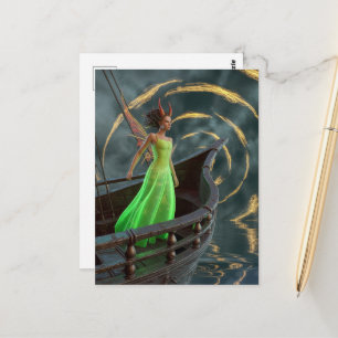 Carte Postale Fée en robe verte sur un bateau avec des cornes ro