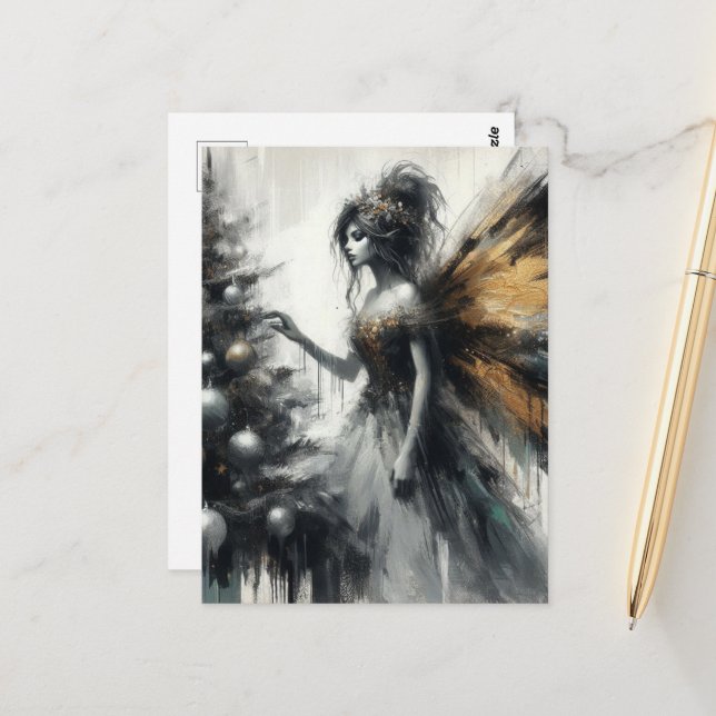 Carte Postale Fée et sapin de Noël Glitch (Devant/Arrière en situation)