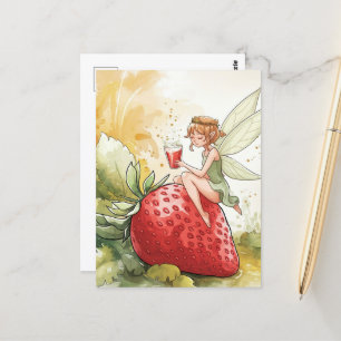 Carte Postale Fée mignonne avec verre de fraise Punch Imaginaire