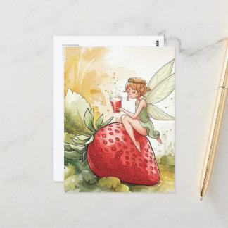 Carte Postale Fée mignonne avec verre de fraise Punch Imaginaire