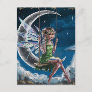 Carte Postale Fée mignonne se balançant devant la lune