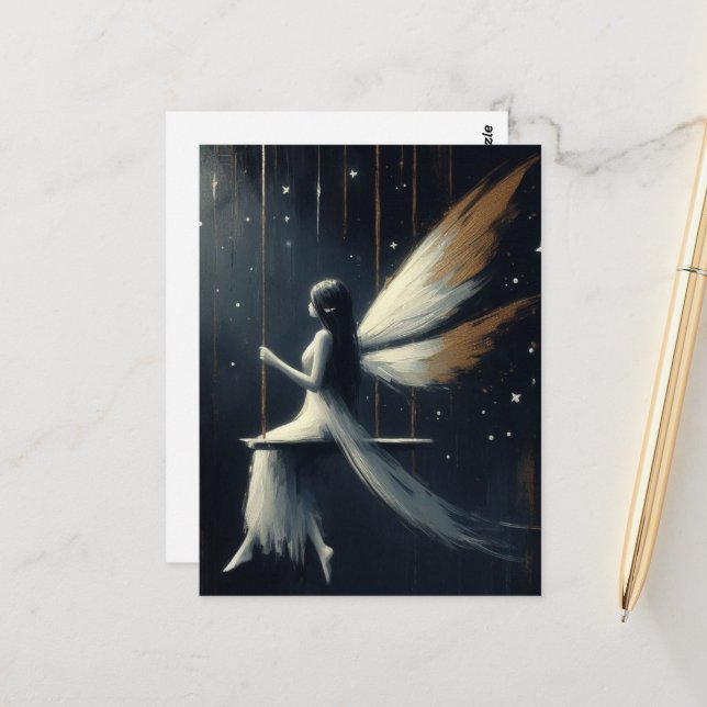 Carte Postale Fée nocturne sur une balançoire en robe blanche (Devant/Arrière en situation)