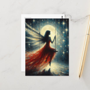 Carte Postale Fée sur une aile en robe rouge