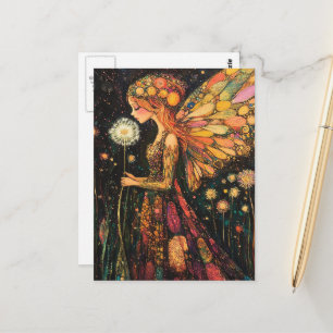 Carte Postale Fée Surrealiste Belle et Colorée de Pissenlit