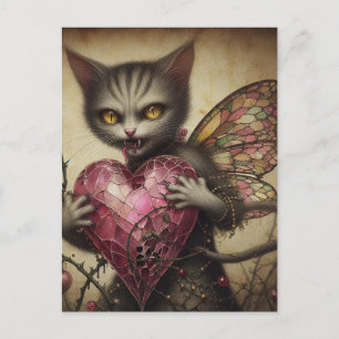 Carte Postale Fée Vampire Chat Gris Rose Cœur Ronces