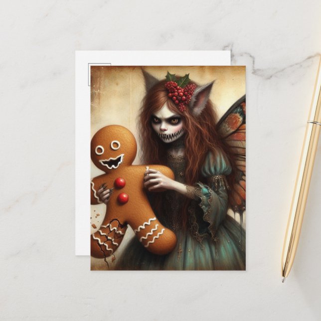 Carte Postale Fée Vampire De Noël Avec Du pain D'épices (Devant/Arrière en situation)