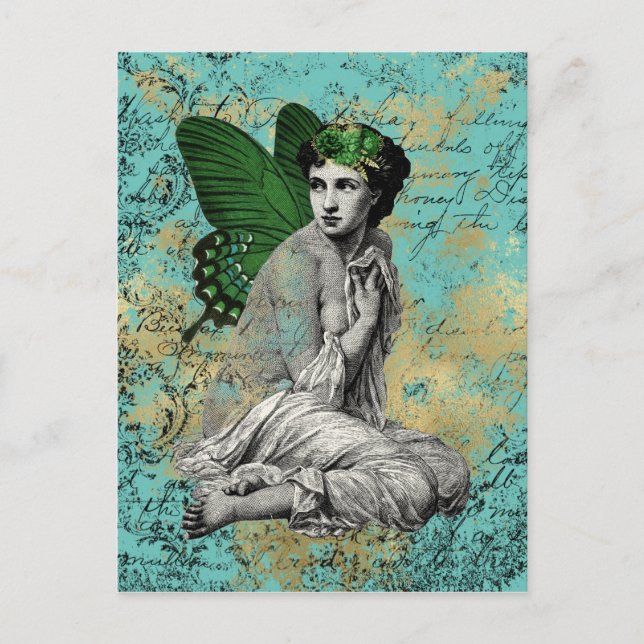 Carte Postale Fée verte vintage sur Aqua Ephemera (Devant)