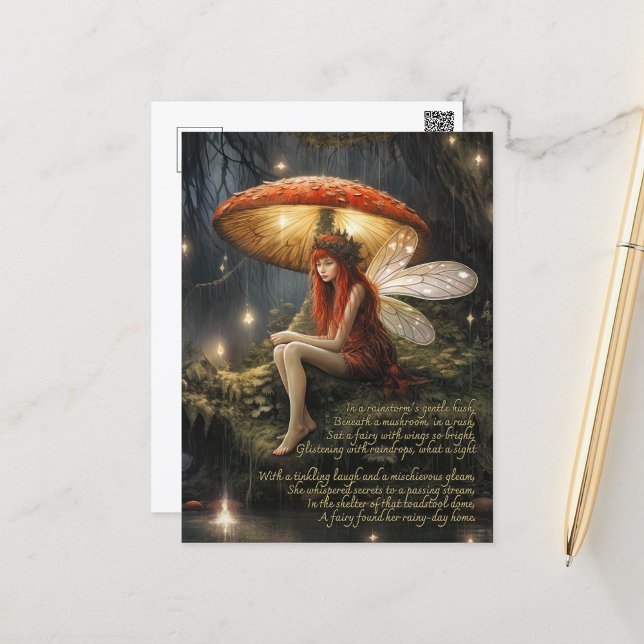 Carte Postale Féerie Sous Champignons Dans La Pluie (Fantasy postcard with a cute poem about a faerie waiting out the rain under a mushroom.)