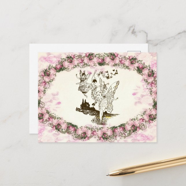 Carte Postale Fées Danser Fleurs Vintages (Devant/Arrière en situation)