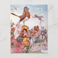 Fées et oiseaux dans un jardin,