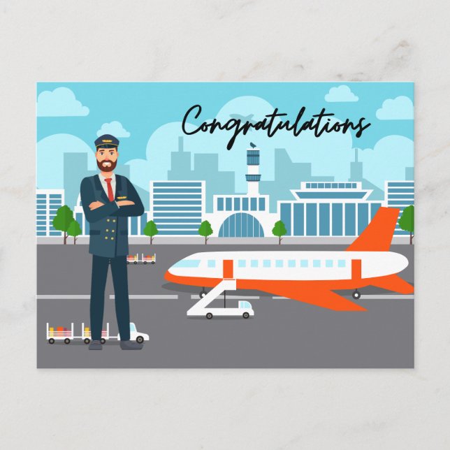 Carte Postale Félicitations au pilote avec fond d'aéroport (Devant)