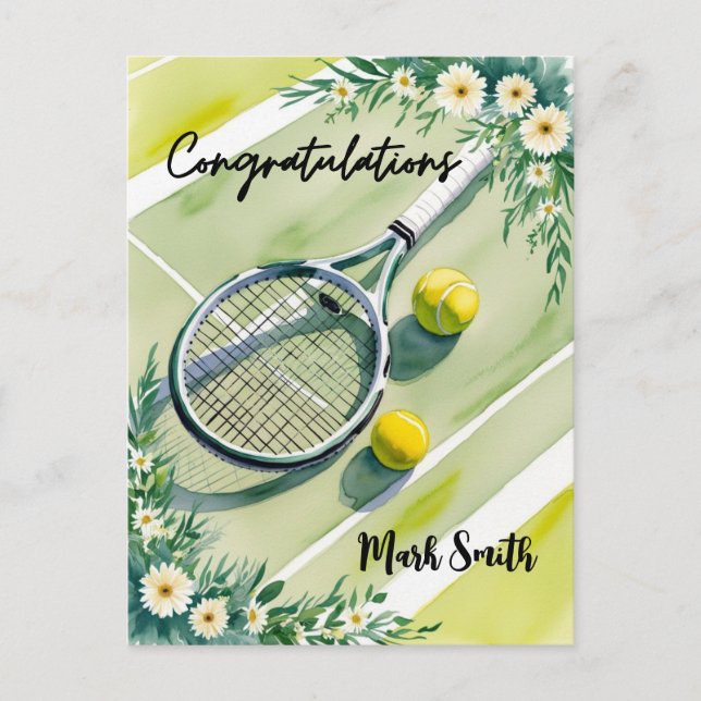 Carte Postale Félicitations sur le thème du tennis balle et fleu (Devant)