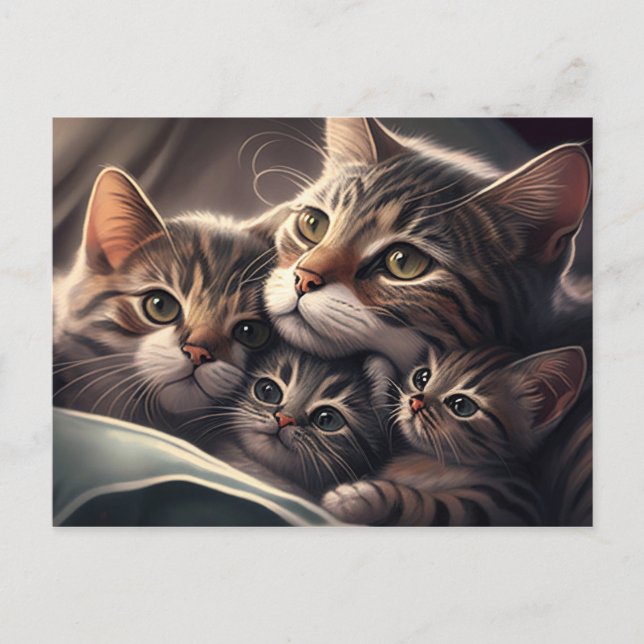 Carte Postale Feline Famille Céleste - Maman chat et Kittens (Devant)