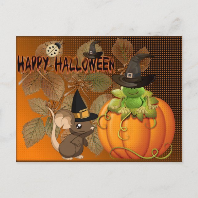 Carte Postale Feliz Halloween, ratones, calabazas y ranas (Devant)