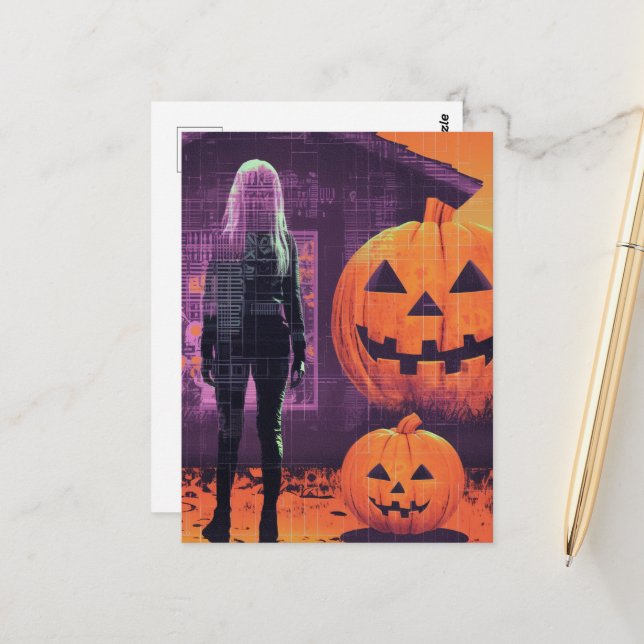 Carte Postale Femme à l'Halloween violet orange (Devant/Arrière en situation)