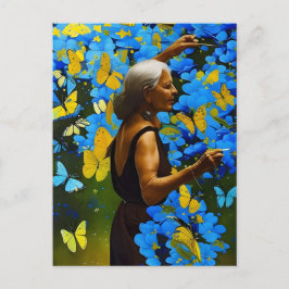 Carte Postale Femme âgée aux papillons bleus et jaunes