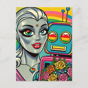 Carte Postale Femme Alien en argent et robot arc-en-ciel en amou