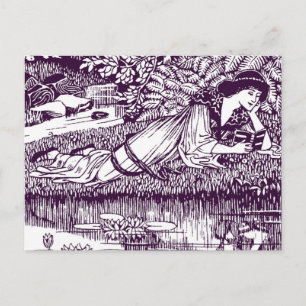 Carte Postale Femme Art nouveau lisant près d'un étang aux nénup
