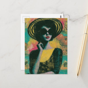 Carte Postale Femme au chapeau de soleil rayé, plaisir d'été