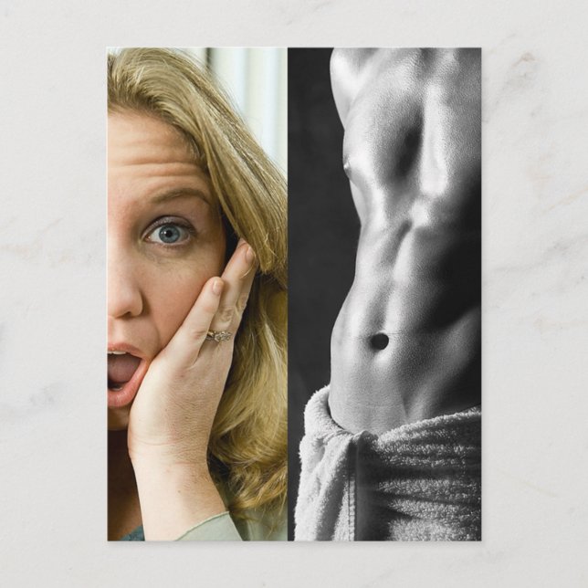 Carte Postale Femme au visage drôle et Modèle de Hunk Guy Abs (Devant)
