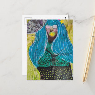 Carte Postale Femme aux cheveux bleus Collage en techniques mixt