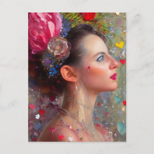 Carte postale Femme aux fleurs et aux coeurs (Devant)