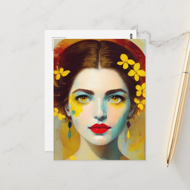 Carte postale Femme Aux Fleurs Jaunes (Devant/Arrière en situation)