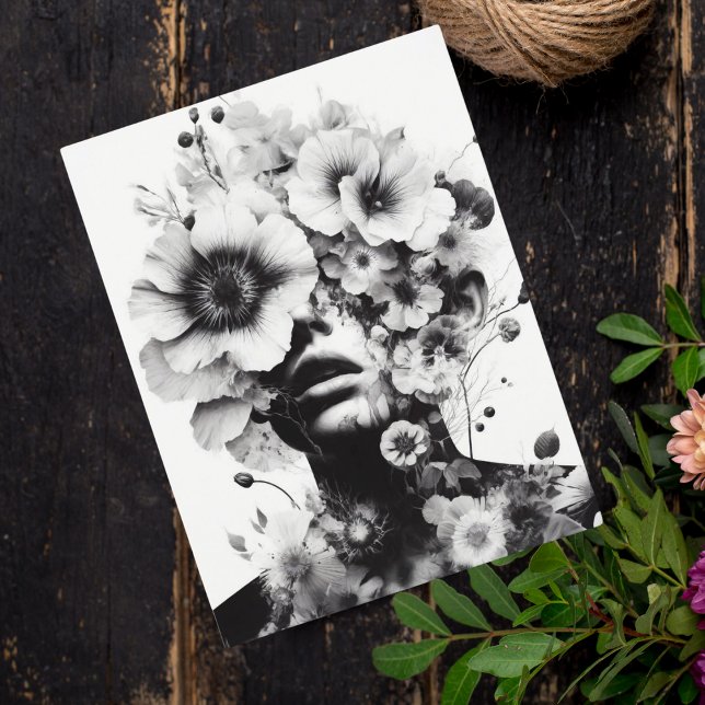 Carte Postale Femme aux fleurs sur son esprit Imaginaire d'oeuvr (Share mystery and beauty with this surreal floral-adorned woman's portrait postcard.)