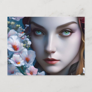 Carte Postale Femme aux yeux et aux fleurs bleus et verts