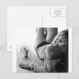 Carte Postale Femme avec café matin Crayon dessin art