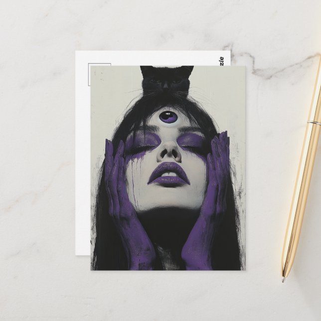Carte Postale Femme avec chat et troisième oeil (Devant/Arrière en situation)