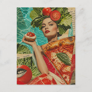 Carte Postale Femme avec collage de pizza et de salade