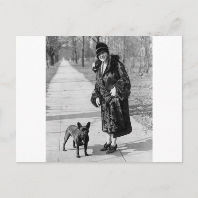 Carte Postale Femme avec French Bulldog, années 1920 (Devant)
