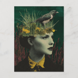 Carte Postale Femme avec oiseau sur la tête Collage en technique