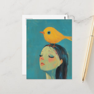 Carte Postale Femme avec un oiseau jaune sur la tête