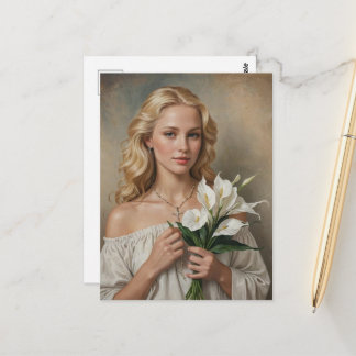 Carte Postale Femme blonde avec collier de croix et fleurs