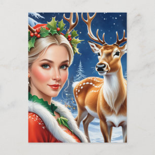 Carte Postale Femme blonde de fantaisie et Noël cerf