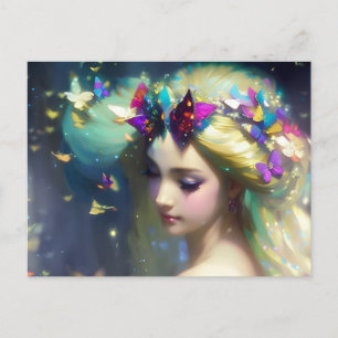 Carte Postale Femme Blonde Fantastique et Papillons