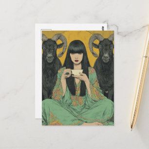 Carte Postale Femme boit du thé avec deux chèvres noires