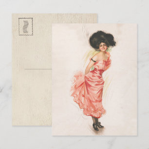 Carte Postale Femme Brune Coquette en Robe de Soie Rose