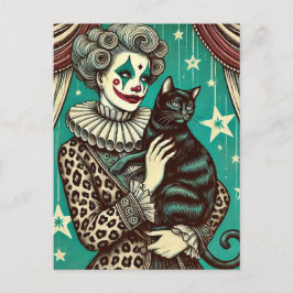 Carte Postale Femme clown de cirque et chat noir