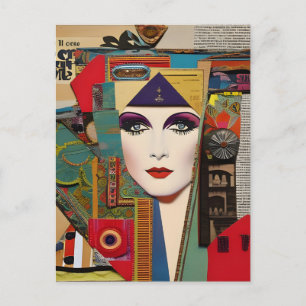 Carte Postale Femme Collage Multimédia Abstrait Coloré