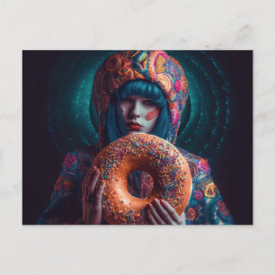 Carte Postale Femme colorée avec une beigne