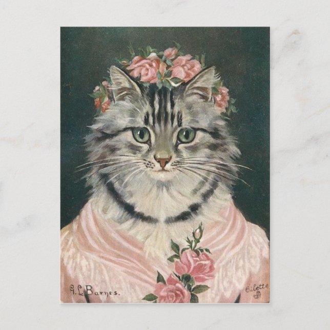 Carte Postale Femme couronne roses chat (Devant)