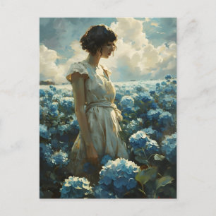 Carte Postale Femme dans Blue Hydrangea Field : Beauté Vintage