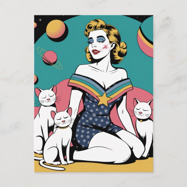 Carte Postale Femme dans l'espace avec trois chats blancs (Devant)